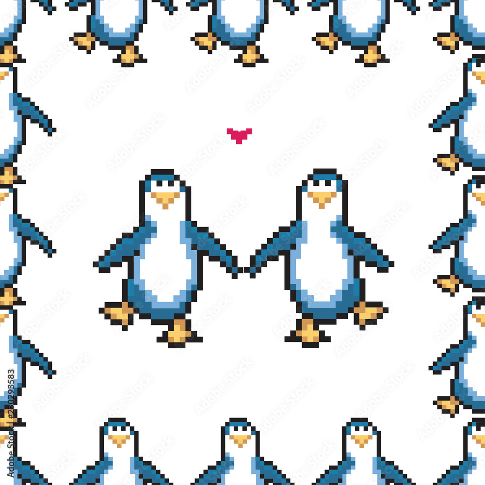 Seamless pattern with penguins in love. Cute pixel penguins. 8 bit vector illustration. Winter animals pattern. Seamless pattern with penguins in love. Cute pixel penguins. 8 bit vector illustration. Winter animals pattern.