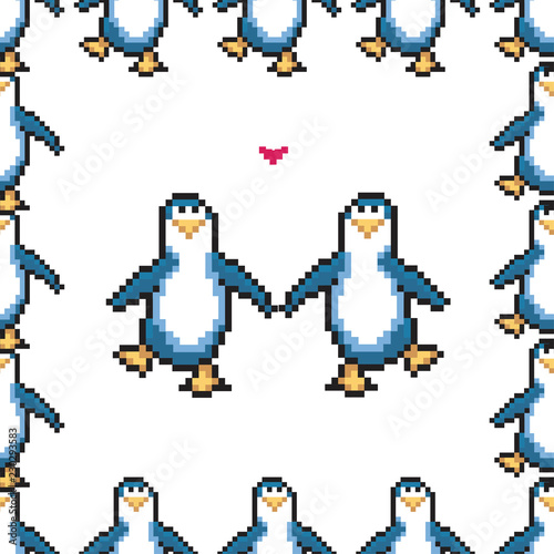 Seamless pattern with penguins in love. Cute pixel penguins. 8 bit vector illustration. Winter animals pattern.