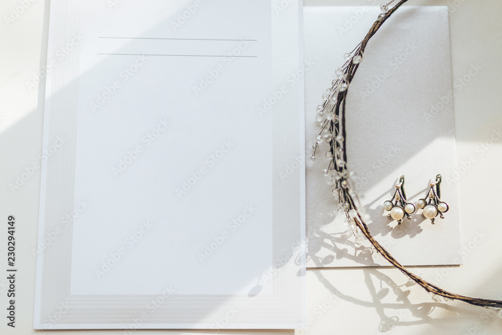 Earrings and diadem for the bride on a white background