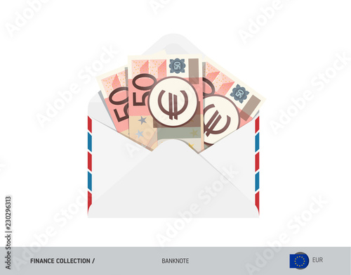 50 Euro Banknotes in envelope. Flat style opened white envelope with cash. Salary payout or corruption concept.