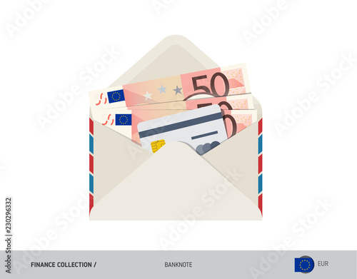 50 Euro Banknote. Flat style opened envelope with cash. Euro banknotes and credit card. Salary payout or bank transaction concept.