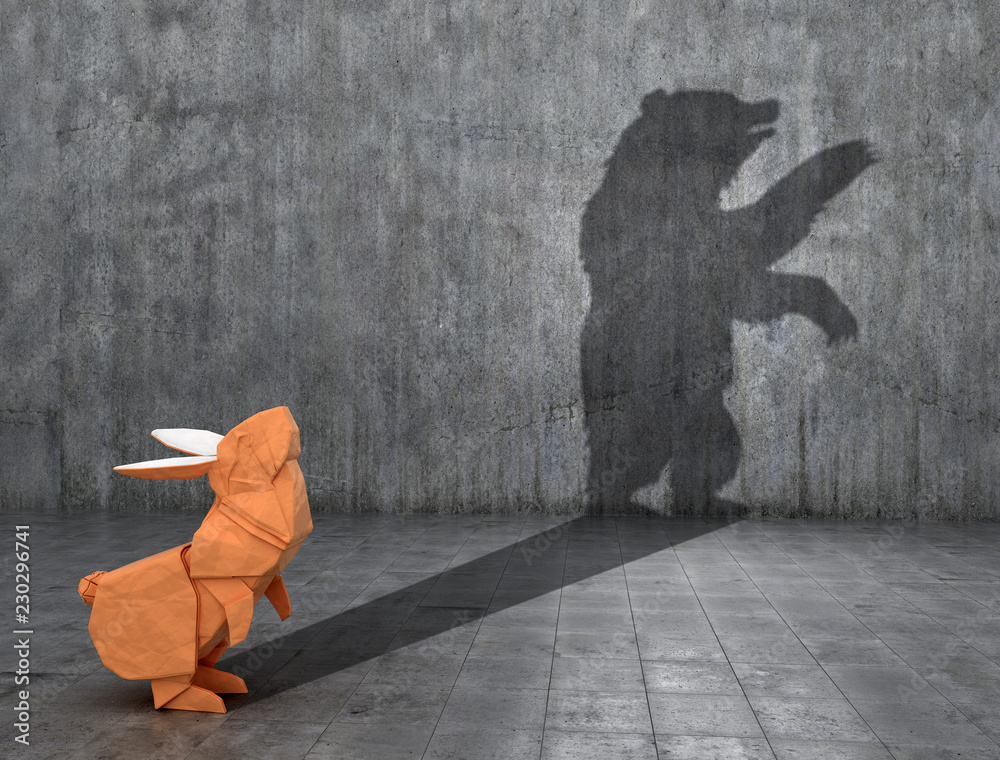 Concept of hidden potential. Paper figure of a rabbit that throws a bear's shadow. 3D illustration - obrazy, fototapety, plakaty 