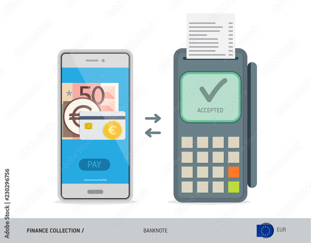 POS Terminal with 50 Euro Banknote. Flat style vector illustration. Finance concept. POS Terminal with 50 Euro Banknote. Flat style vector illustration. Finance concept.