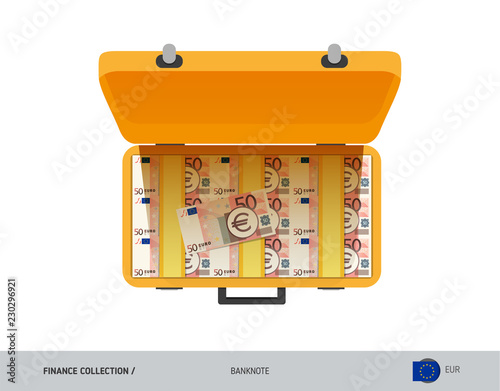 Yellow case with 50 Euro Banknotes. Flat style vector illustration. Salary payout or corruption concept.