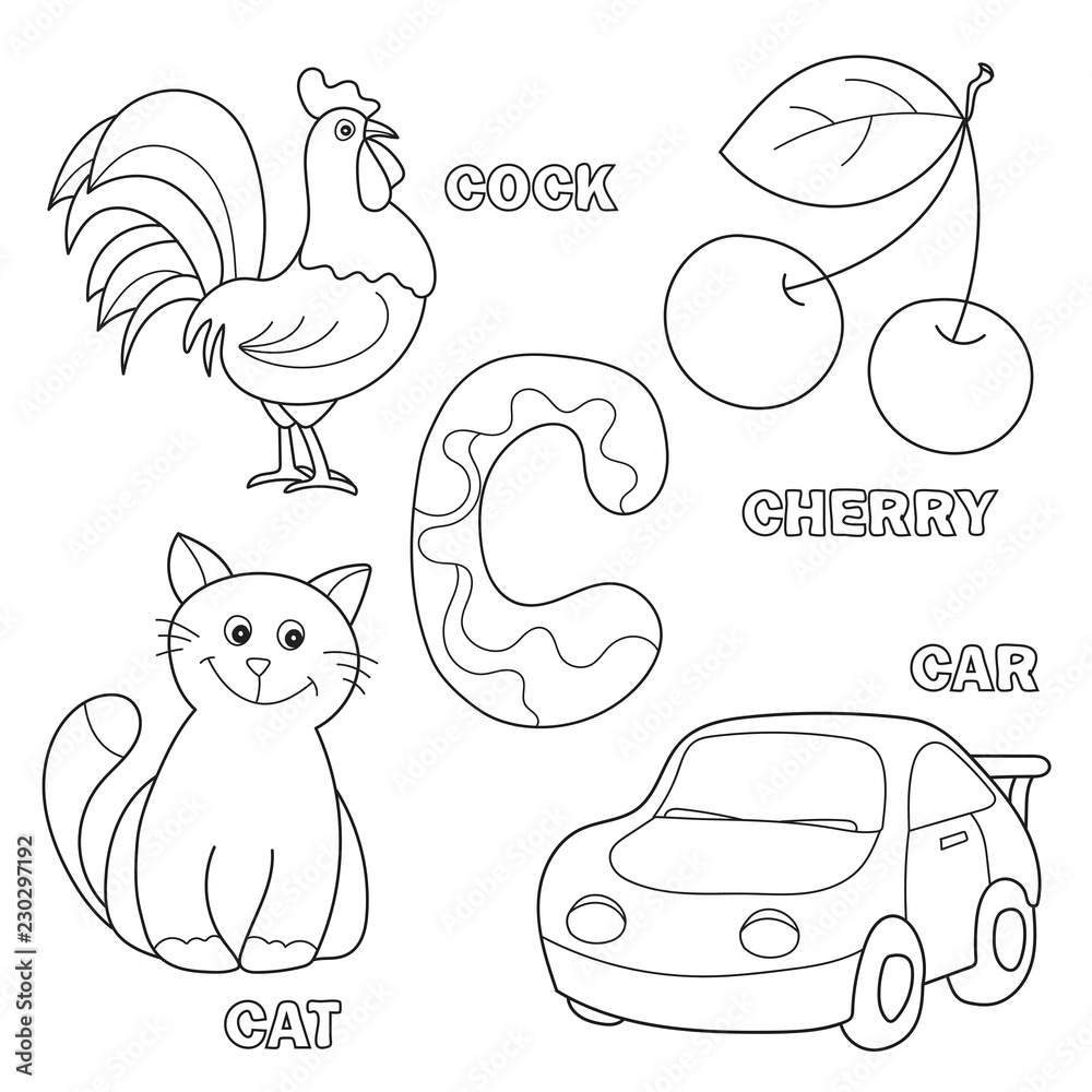 Black and White Cartoon Illustration of Writing Skills Practice Workbook  with Letter C for Preschool and Elementary Age Children Coloring Book -  cat, cherry, car, cock Stock Vector | Adobe Stock