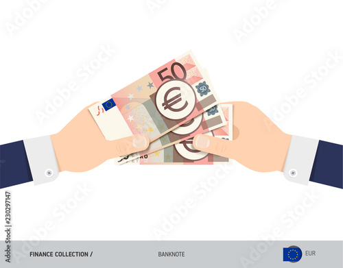 Three 50 Euro Banknotes in the hand. Flat style vector illustration. Finance concept.