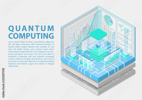 Quantum computing isometric vector illustration. 3D view on conceptual quantum computer
