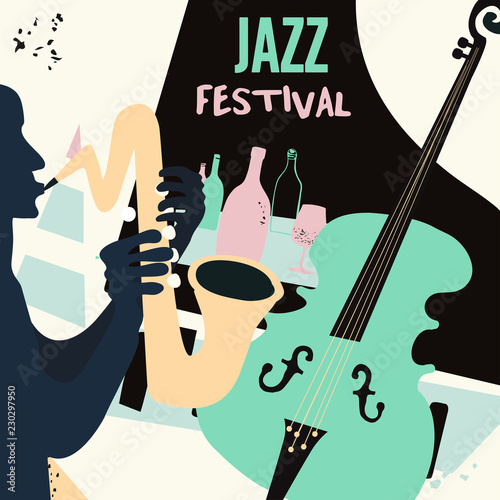 Jazz music and wine colorful background flat vector illustration. Party flyer, jazz music club, wine tasting event, wine festival, celebrations poster for brochure, invitation card, promotion banner