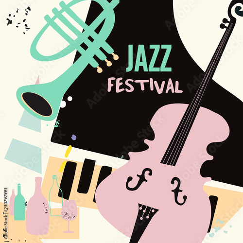 Jazz music and wine colorful background flat vector illustration. Party flyer, jazz music club, wine tasting event, wine festival, celebrations poster for brochure, invitation card, promotion banner