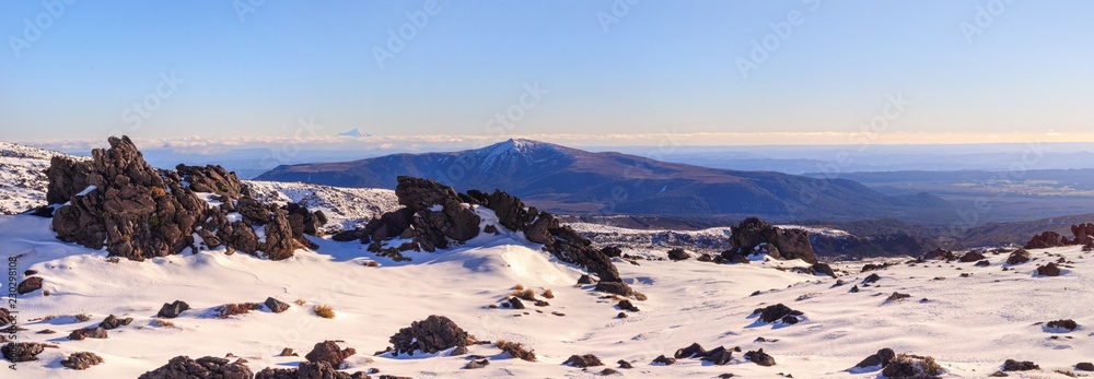 Panoramic view of Tongariro National Park with Mt Taranaki in the distance