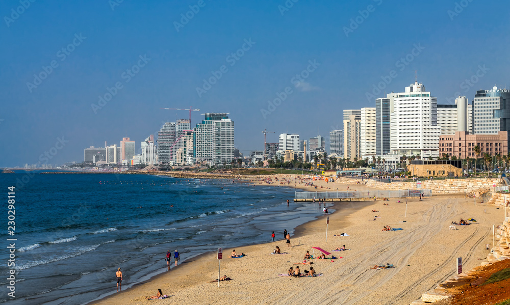 Modern Tel Aviv skyline Israel, beach view from Yafo