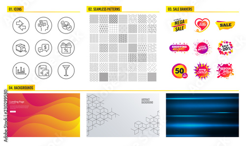 Seamless pattern. Shopping mall banners. Set of Discount offer, Synchronize and Statistics icons. Messages, Strategy and Search package signs. Pattern vector