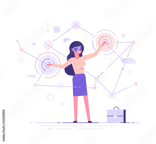 A young womanz wearing virtual reality goggles and headset with a projection of a digital world. Business concept. Flat vector illustration.
