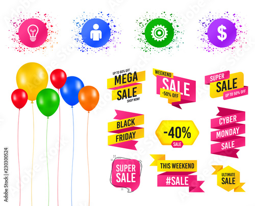 Balloons party. Sale banners. Business icons. Human silhouette and lamp bulb idea signs. Dollar currency and gear symbols. Birthday event. Trendy design. Sale banners vector