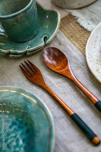 wooden spoon and fork on the table
