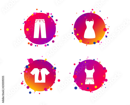 Clothes icons. T-shirt with business tie and pants signs. Women dress symbol. Gradient circle buttons with icons. Random dots design. Vector