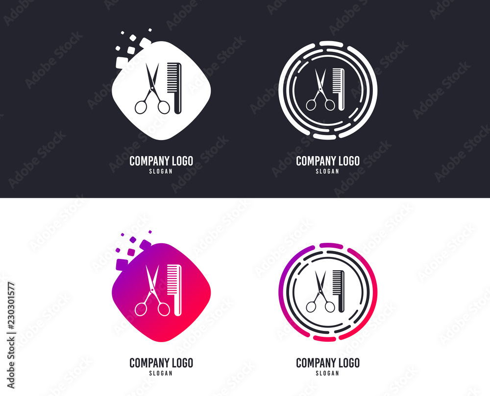 Logotype concept. Comb hair with scissors sign icon. Barber symbol. Logo design. Colorful buttons with icons. Vector
