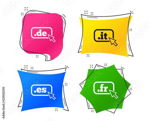 Top-level internet domain icons. De, It, Es and Fr symbols with cursor pointer. Unique national DNS names. Geometric colorful tags. Banners with flat icons. Trendy design. Vector