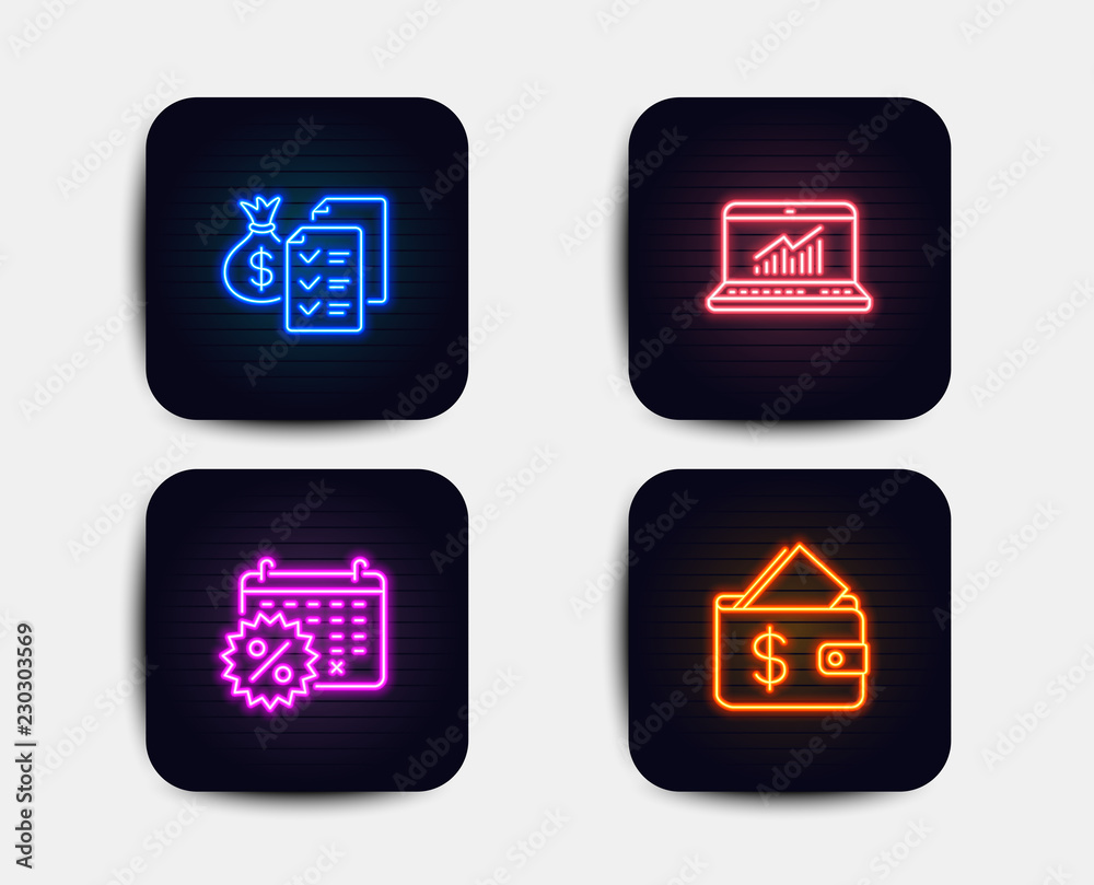 Neon glow lights. Set of Calendar discounts, Online statistics and Accounting wealth icons. Wallet sign. Shopping, Computer data, Audit report. Affordability. Neon icons. Glowing light banners Neon glow lights. Set of Calendar discounts, Online statistics and Accounting wealth icons. Wallet sign. Shopping, Computer data, Audit report. Affordability. Neon icons. Glowing light banners