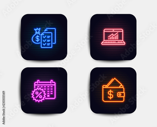 Neon glow lights. Set of Calendar discounts, Online statistics and Accounting wealth icons. Wallet sign. Shopping, Computer data, Audit report. Affordability. Neon icons. Glowing light banners