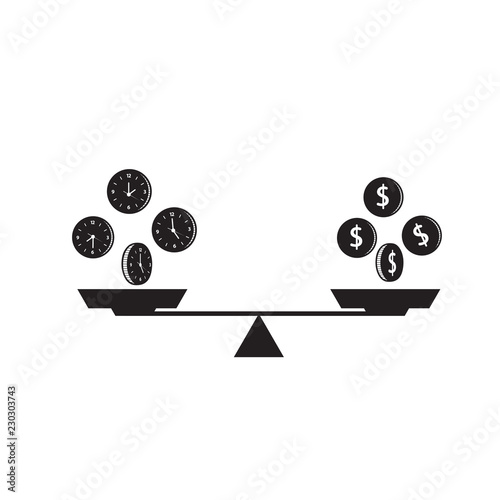 Time is money concept. Bowl scales. Dollar money sign. Watch dial.