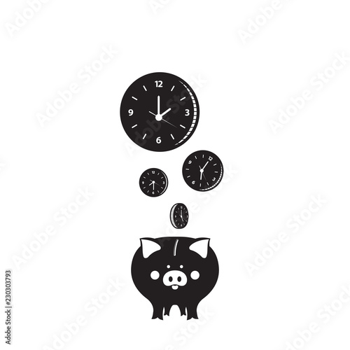 Piggy bank. Time is money concept. Watch dial.