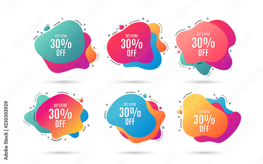 Naklejka Get Extra 30% off Sale. Discount offer price sign. Special offer symbol. Save 30 percentages. Abstract dynamic shapes with icons. Gradient banners. Liquid abstract shapes. Vector