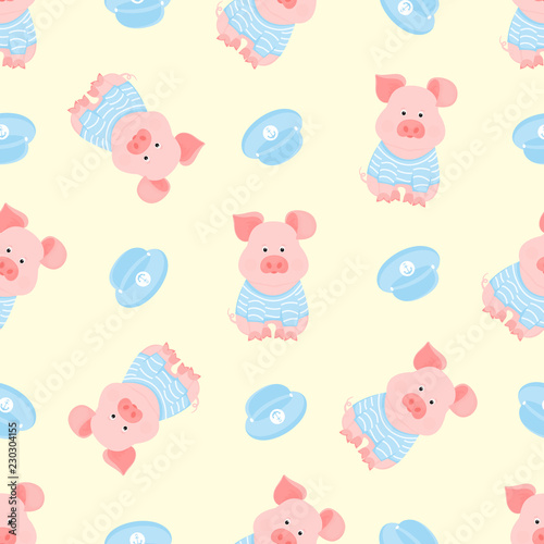 Fototapeta Naklejka Na Ścianę i Meble -  A funny piggy in a sailor's striped T-shirt and captain's visor seamless pattern.