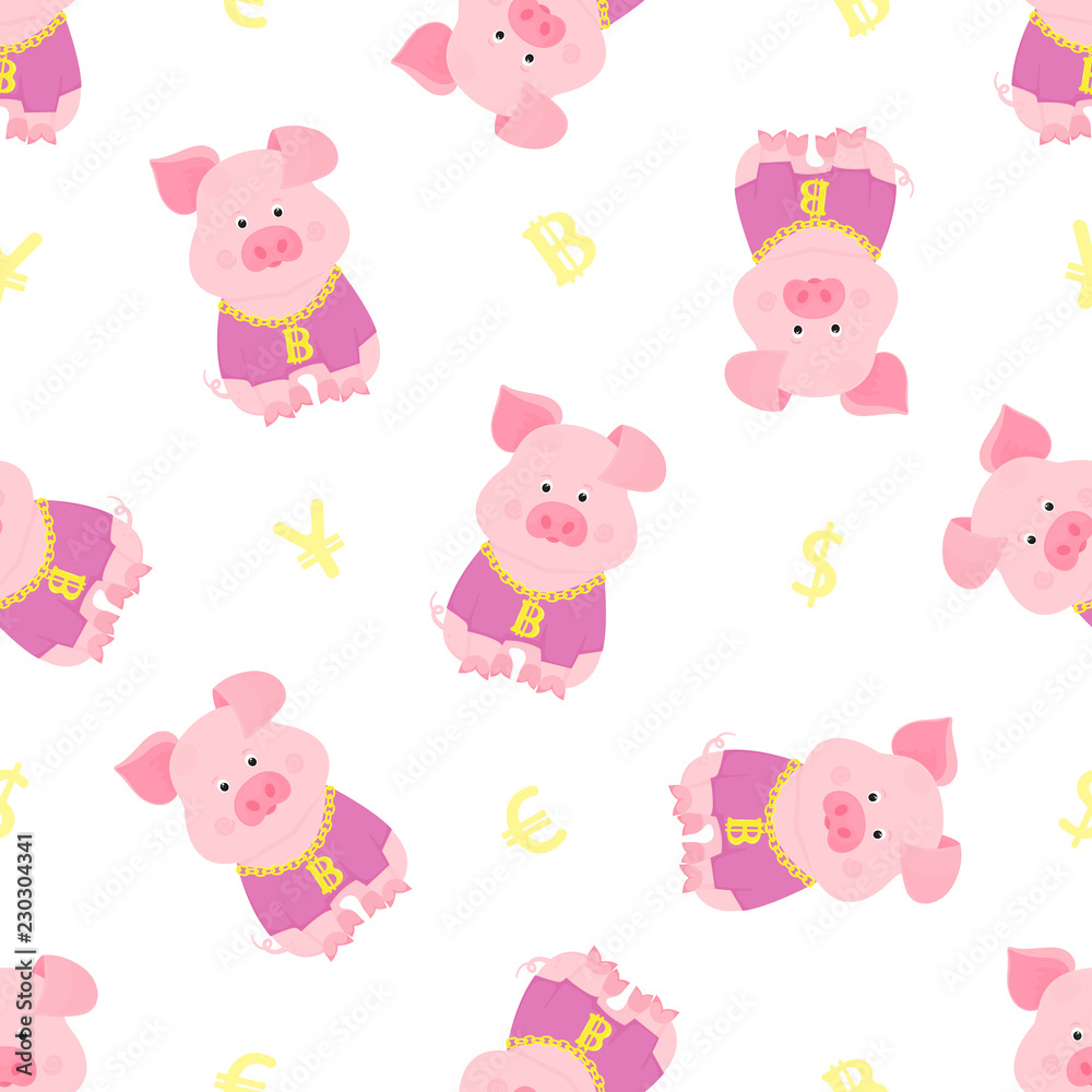 Funny pig with a gold chain and a bitcoin icon seamless pattern