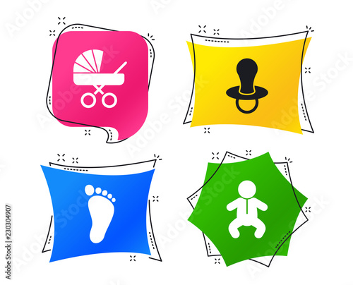 Baby infants icons. Toddler boy with diapers symbol. Buggy and dummy signs. Child pacifier and pram stroller. Child footprint step sign. Geometric colorful tags. Banners with flat icons. Trendy design