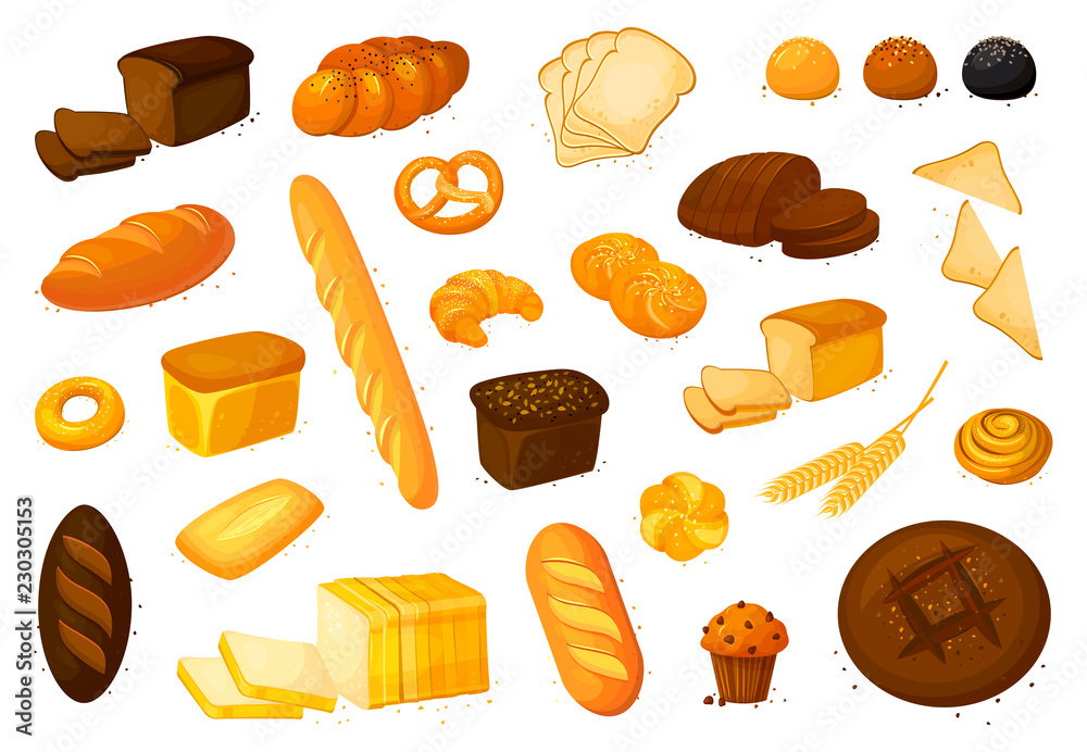 Set vector bread icons. Vector illustration isolated on a white background. Bakery product in cartoon style. Set vector bread icons. Vector illustration isolated on a white background. Bakery product in cartoon style.