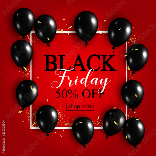 Black Friday Sale Poster with Shiny Balloons on Red Background with Square Frame. Vector illustration