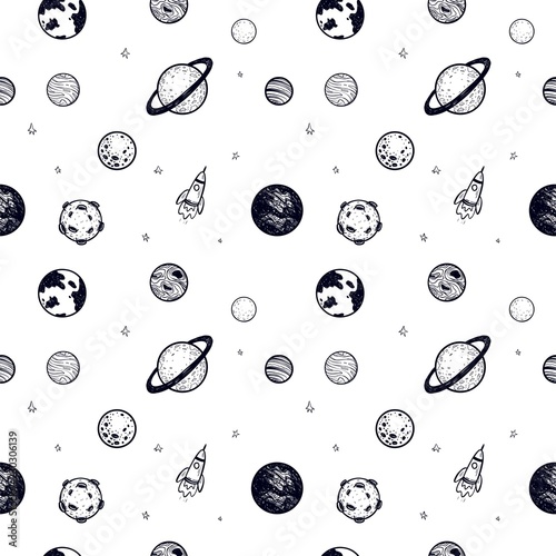 Simless pattern with planets in space. Vector illustration.
