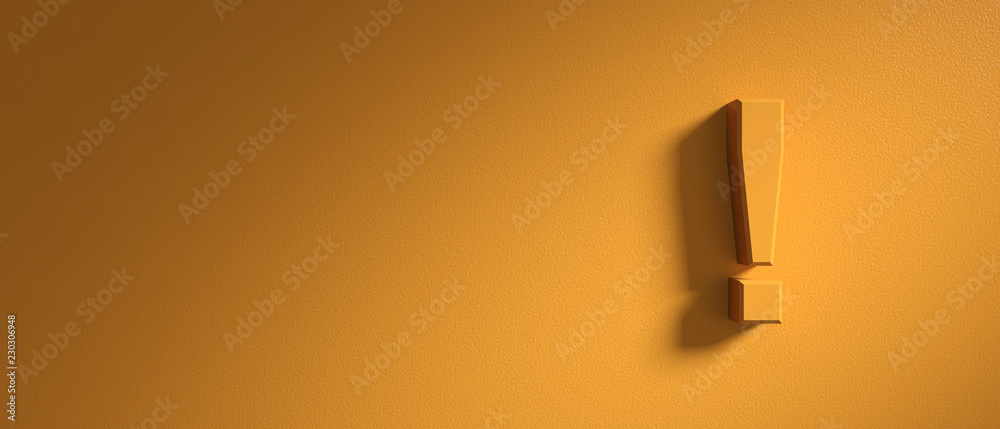 Exclamation, warning mark on orange wall background, banner, copy space. 3d illustration - obrazy, fototapety, plakaty 