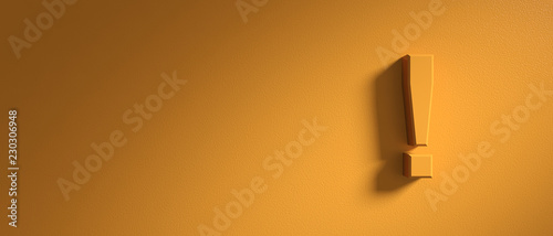 Fototapeta Naklejka Na Ścianę i Meble -  Exclamation, warning mark on orange wall background, banner, copy space. 3d illustration