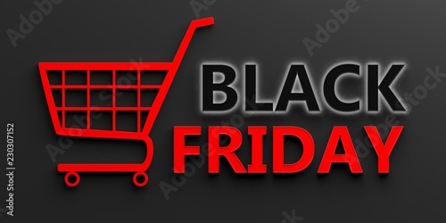 Black Friday text and a shopping cart isolated on black background. 3d illustration