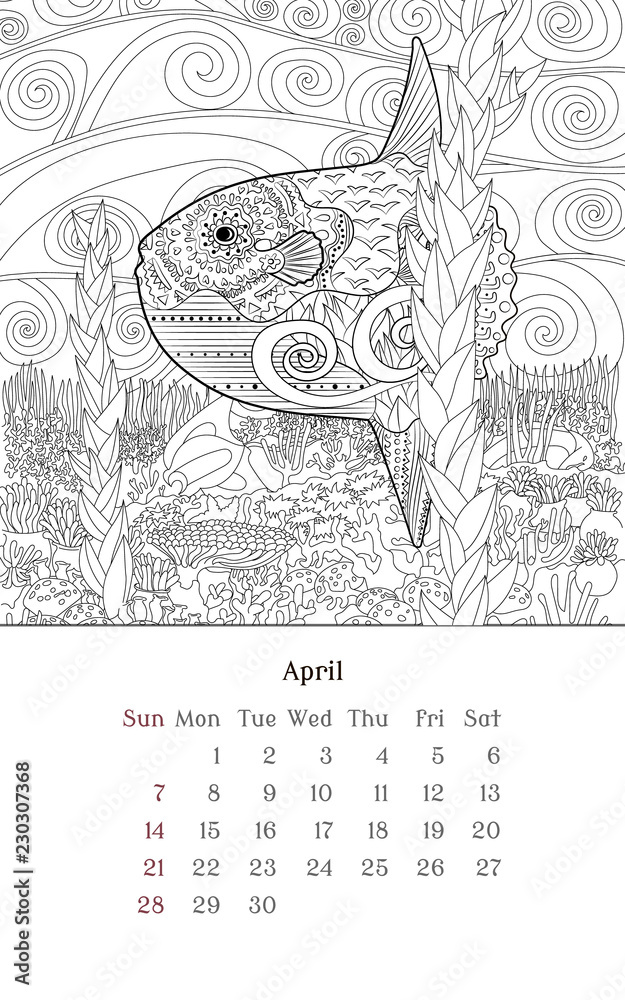 Obraz premium Sea anti stress coloring page for calendar 2019