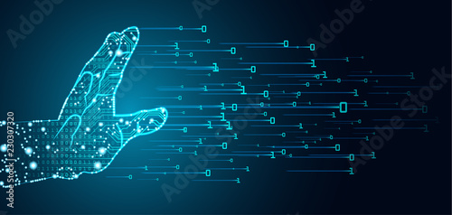 Big data and artificial intelligence concept. Machine learning and cyber mind domination concept in form of men palm outline with circuit board and binary data flow on blue background. photo