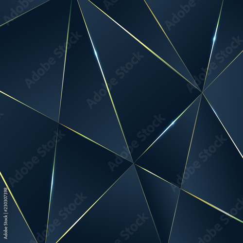 Dark blue Premium background with luxury polygonal pattern and gold triangle lines.