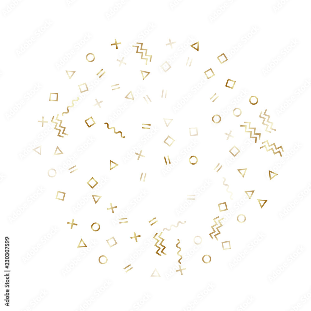 Memphis style geometric confetti vector background of triangle circle square shapes, chevron wavy lines.