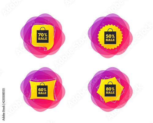 Sale bag tag icons. Discount special offer symbols. 50%, 60%, 70% and 80% percent sale signs. Geometric gradient sales shapes. Creative banners. Template for design. Vector