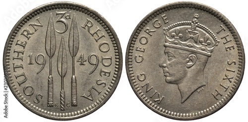 Southern Rhodesia coin 3 three pence 1949, three spearheads divide date, head of King George VI left, photo