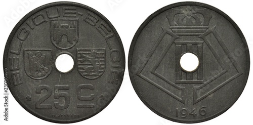 Belgium Belgian zinc coin 25 twenty five centimes 1946, three shields around center hole, value below, crowned monogram of King Leopold III, date below, photo