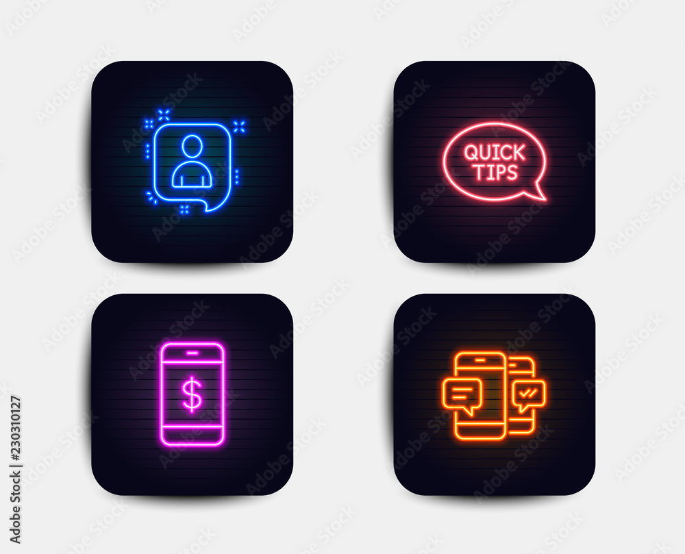 Neon glow lights. Set of Quickstart guide, Developers chat and Smartphone payment icons. Smartphone sms sign. Helpful tricks, Manager talk, Mobile pay. Mobile messages. Neon icons. Vector Neon glow lights. Set of Quickstart guide, Developers chat and Smartphone payment icons. Smartphone sms sign. Helpful tricks, Manager talk, Mobile pay. Mobile messages. Neon icons. Vector