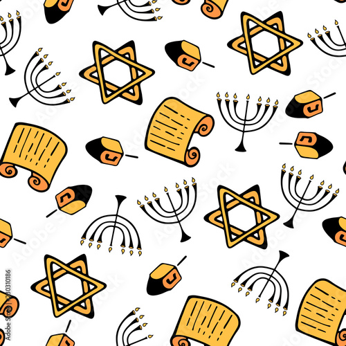 Hanukkah. A set of traditional attributes of the menorah, dreidel, Torah, star of David. Seamless Pattern in a doodle style