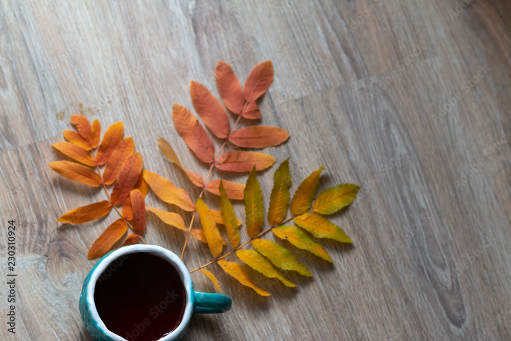 cup of coffee on a red leaves background cup of coffee on a red leaves background