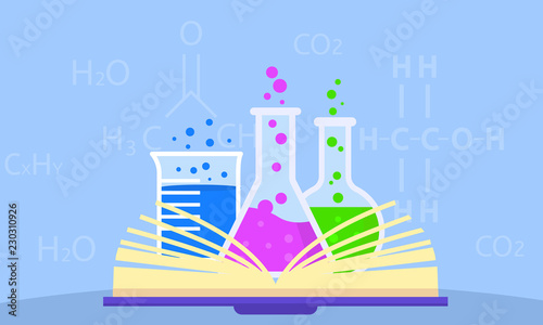 Open chemistry book concept background. Flat illustration of open chemistry book vector concept background for web design