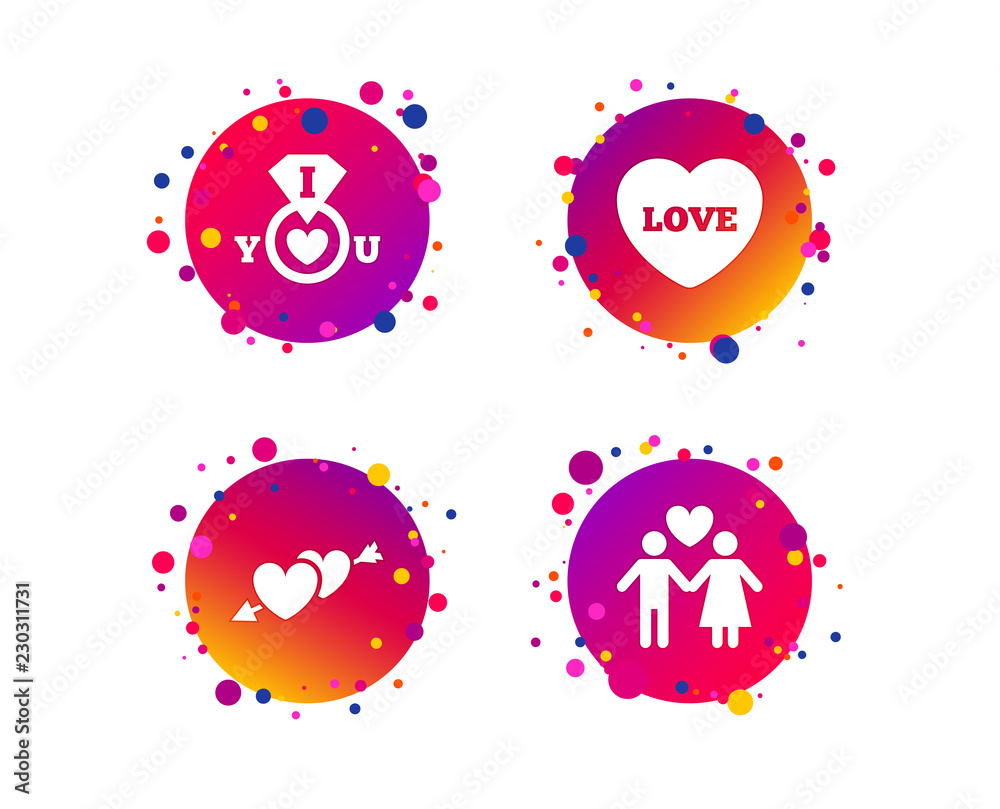 Valentine day love icons. I love you ring symbol. Couple lovers sign. Gradient circle buttons with icons. Random dots design. Vector Valentine day love icons. I love you ring symbol. Couple lovers sign. Gradient circle buttons with icons. Random dots design. Vector