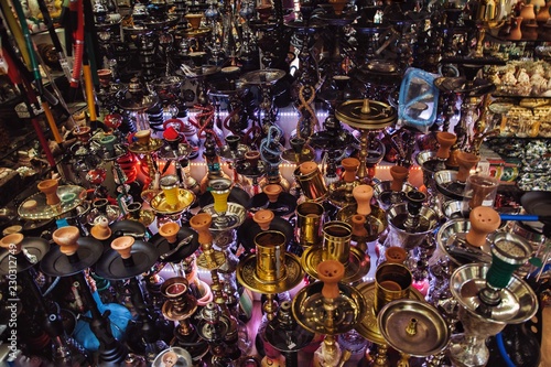 a lot of hookahs of different colors.
