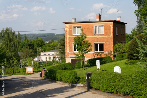 Typified red brick family Bata houses in Zlin, Moravia, Czech Republic, sunny summer day photo